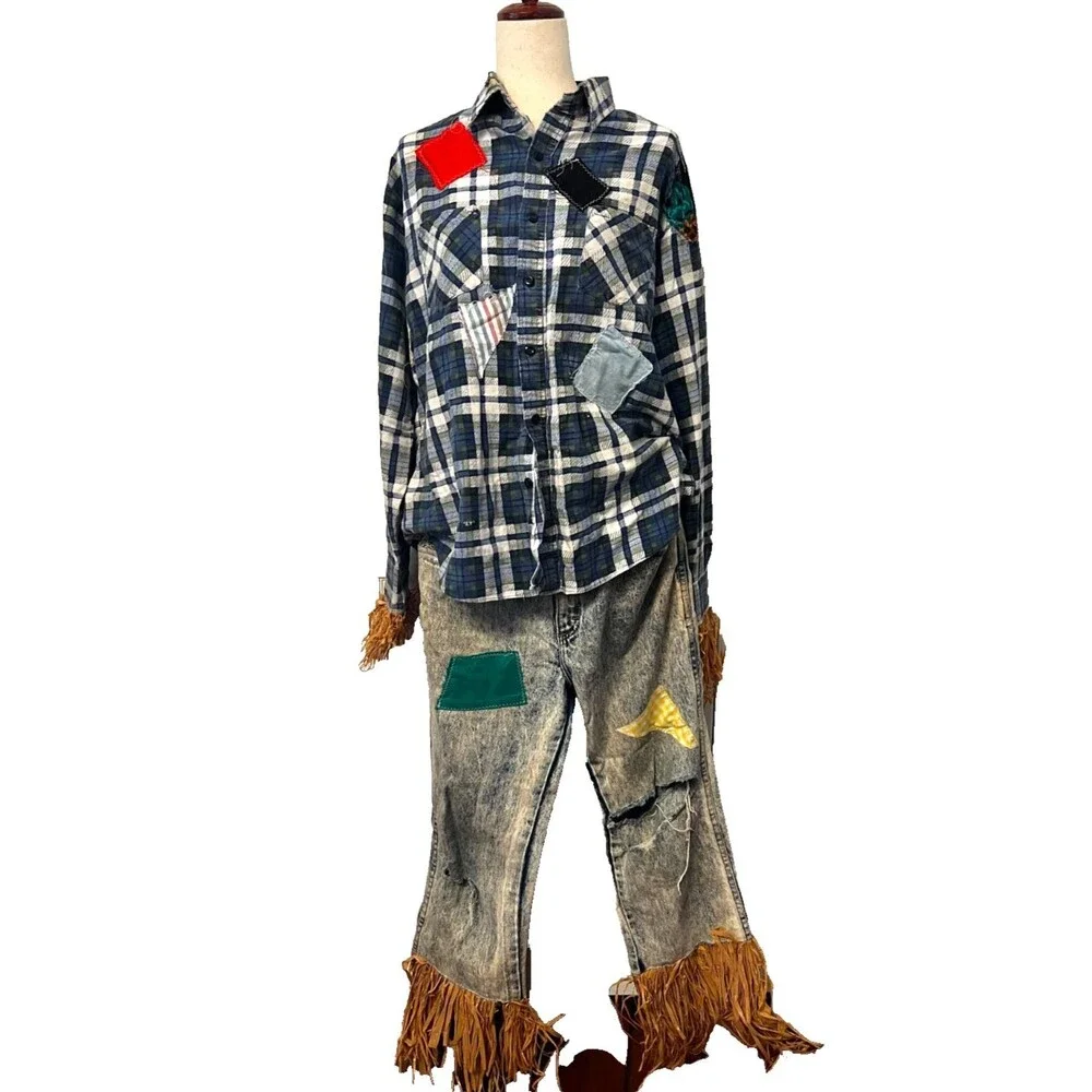 Vtg Handmade Scarecrow Costume Adult M/L Halloween USA Denim Patchwork Straw Hat